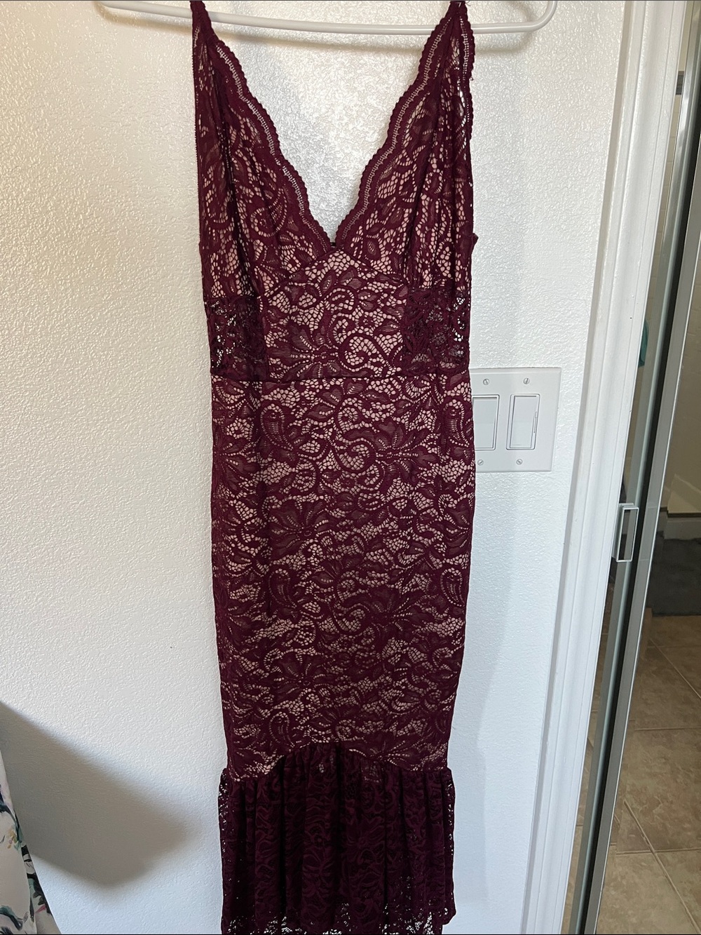 ASOS Burgundy Lace V-Neck Midi Mermaid Dress